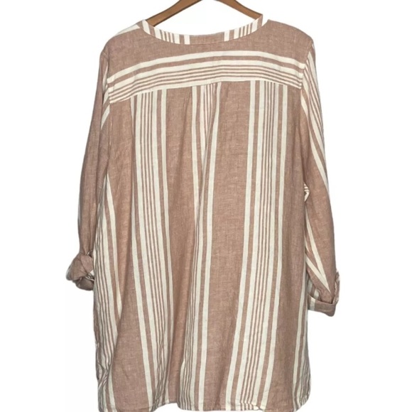 Denim & Co. XL Brown White Striped Yarn Dyed Linen Blend Woven Top Blouse Shirt - Picture 3 of 5